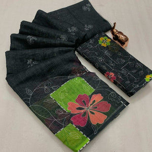 Black Floral Printed Linen Saree With Elegant Tassel Border