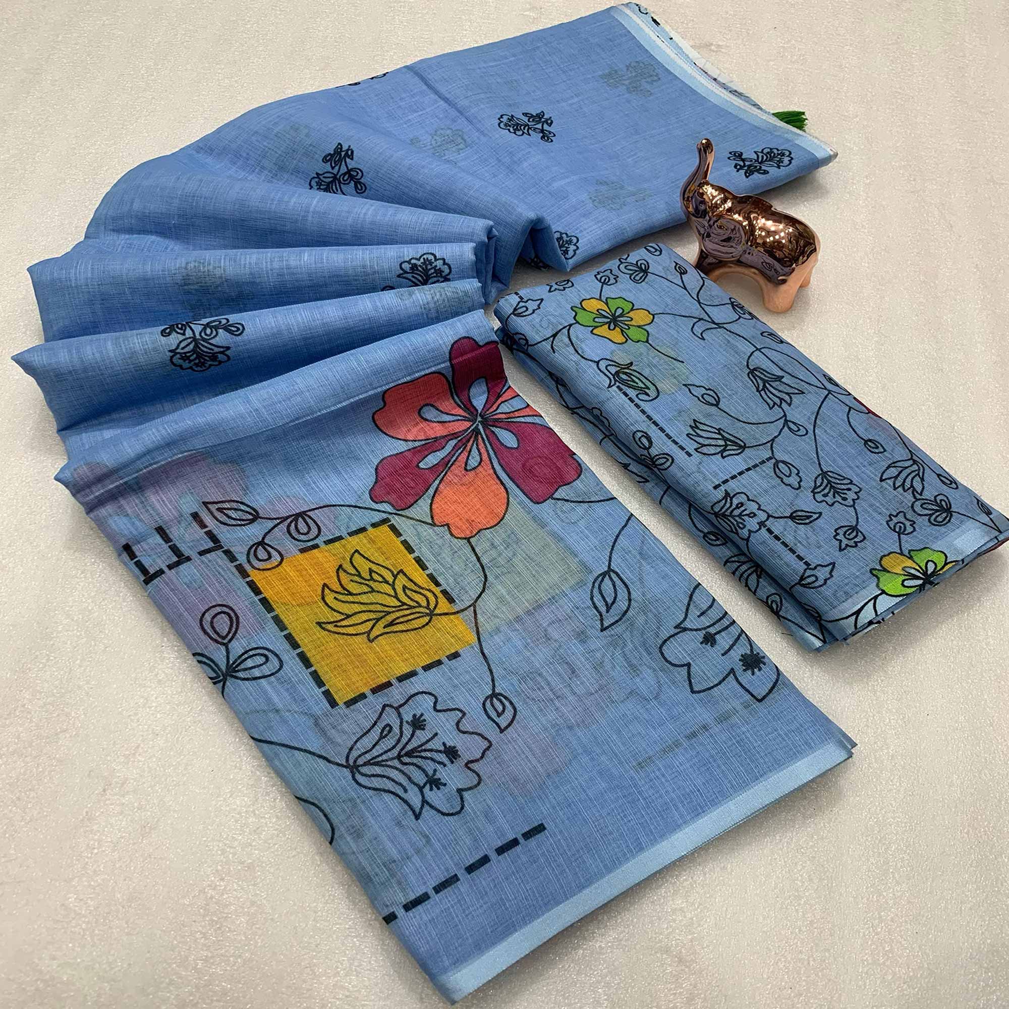 Blue Floral Printed Linen Saree With Elegant Tassel Border