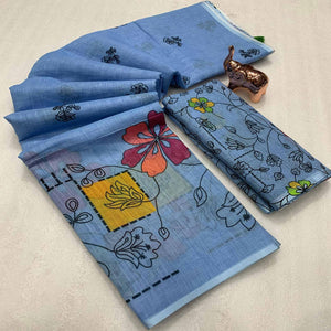 Blue Floral Printed Linen Saree With Elegant Tassel Border
