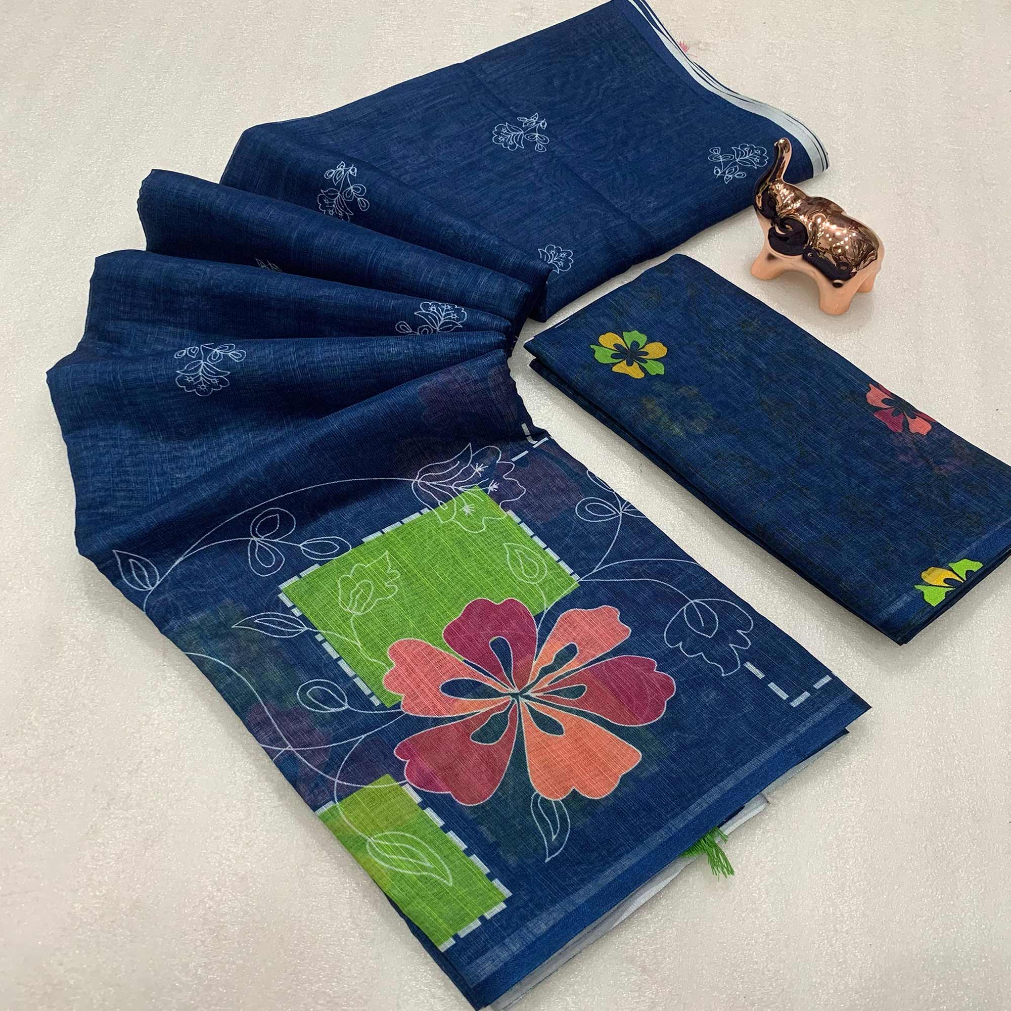 Navy Blue Floral Printed Linen Saree With Elegant Tassel Border