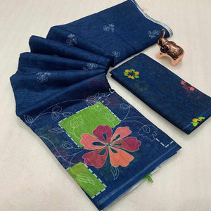 Navy Blue Floral Printed Linen Saree With Elegant Tassel Border