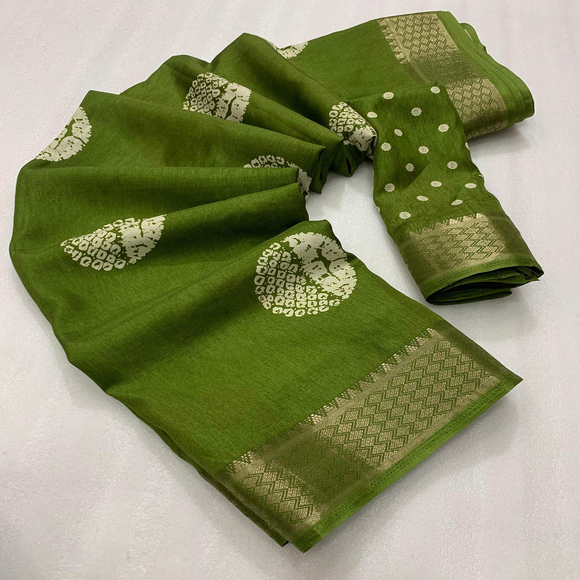 Green Batik Printed Cotton Silk Saree With Zari Border