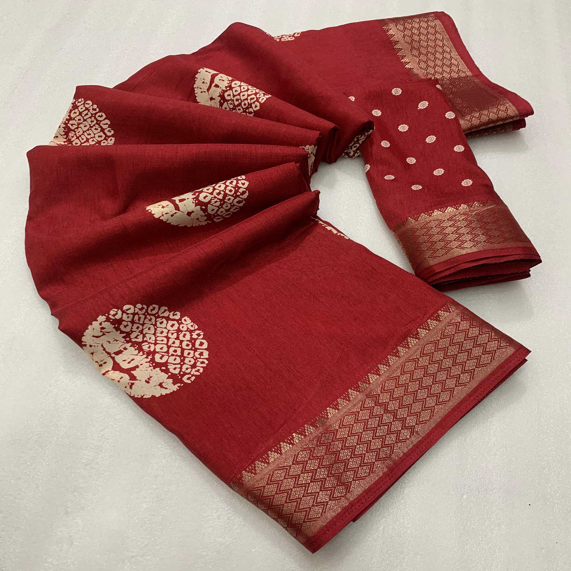 Maroon Batik Printed Cotton Silk Saree With Zari Border