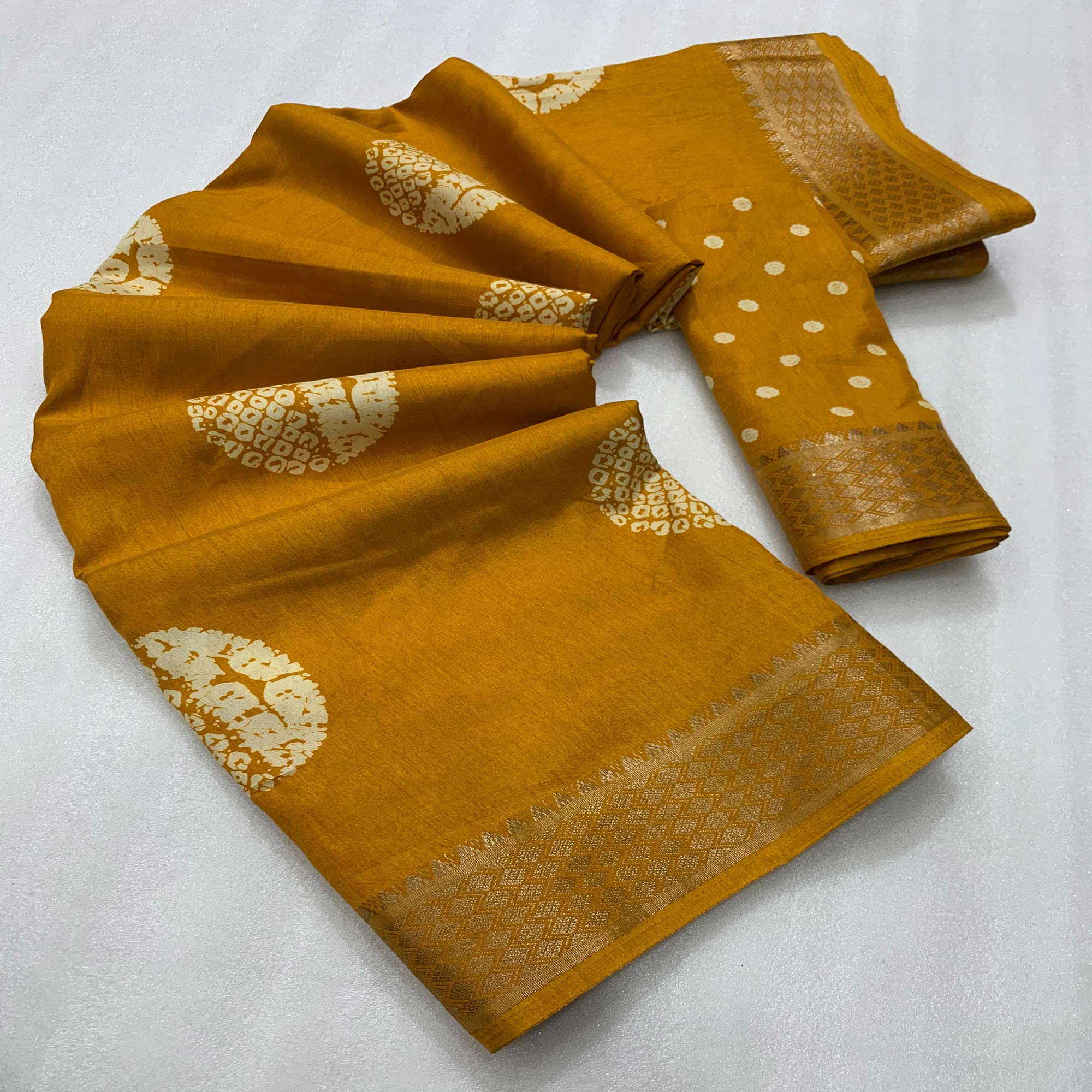 Mustard Batik Printed Cotton Silk Saree With Zari Border