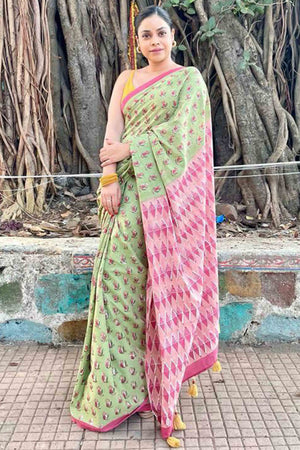 Green Batik Printed Pure Linen Saree With Tassels