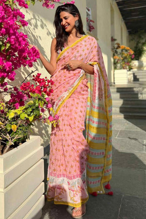 Peach Batik Printed Pure Linen Saree With Tassels