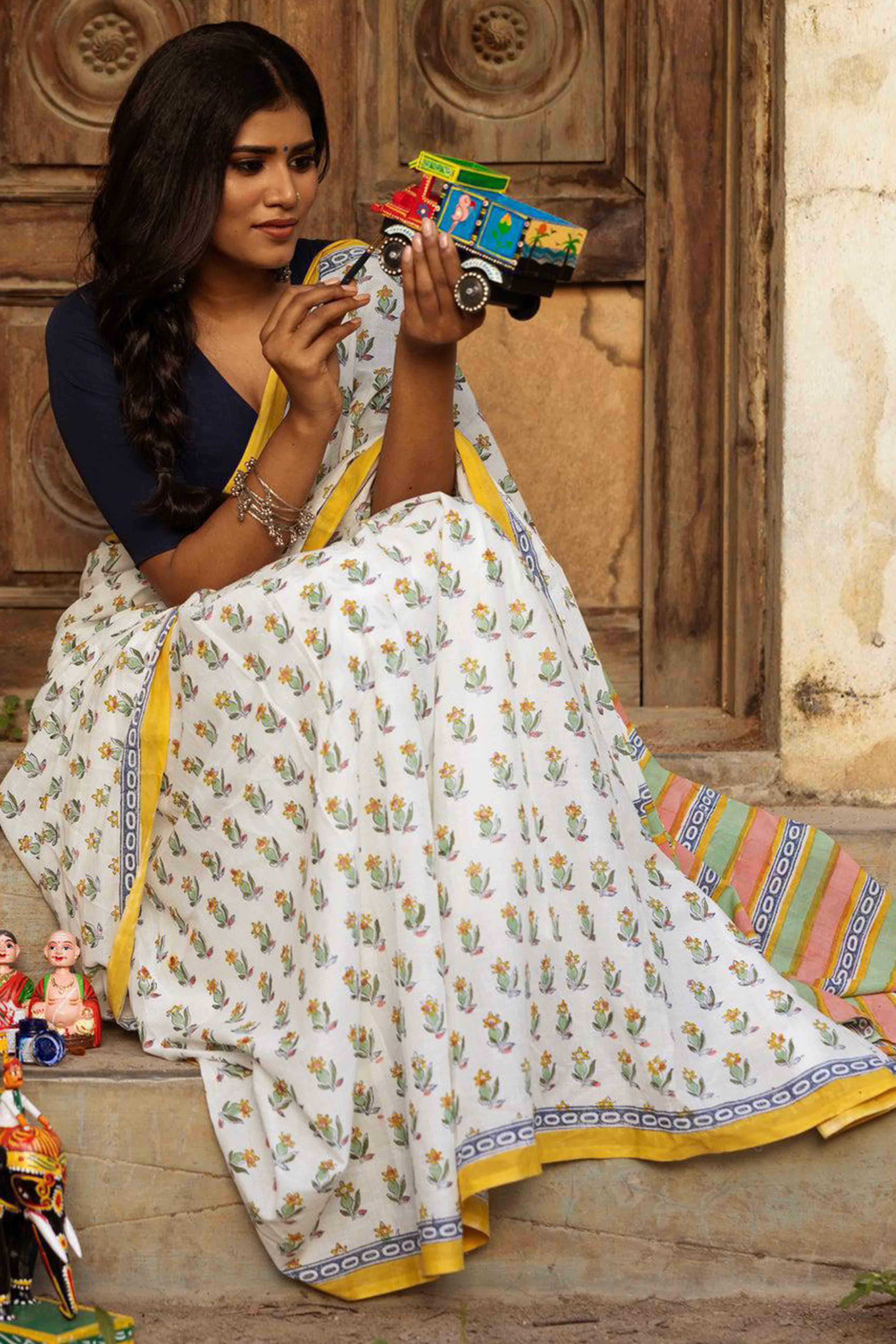 White Batik Printed Pure Linen Saree With Tassels