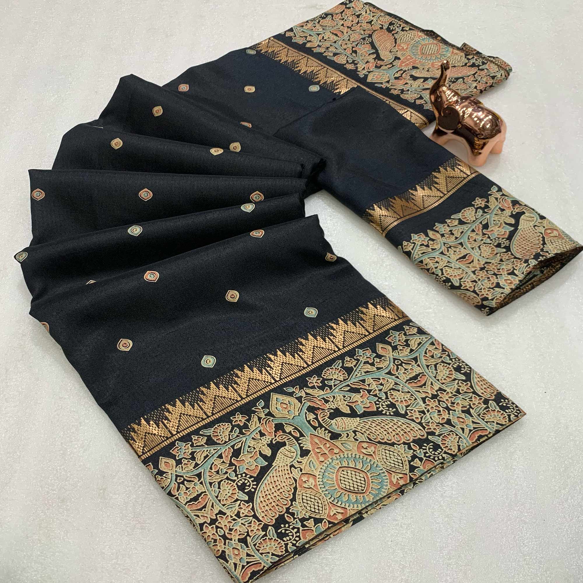 Black Cotton Silk Saree with Zari-Woven Border and Timeless Printed Motifs