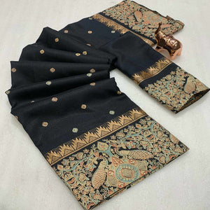 Black Cotton Silk Saree with Zari-Woven Border and Timeless Printed Motifs