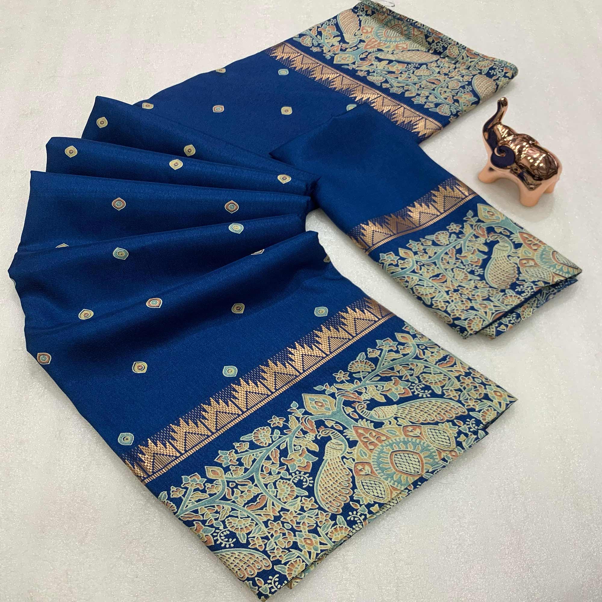Blue Cotton Silk Saree with Zari-Woven Border and Elegant Printed Designs