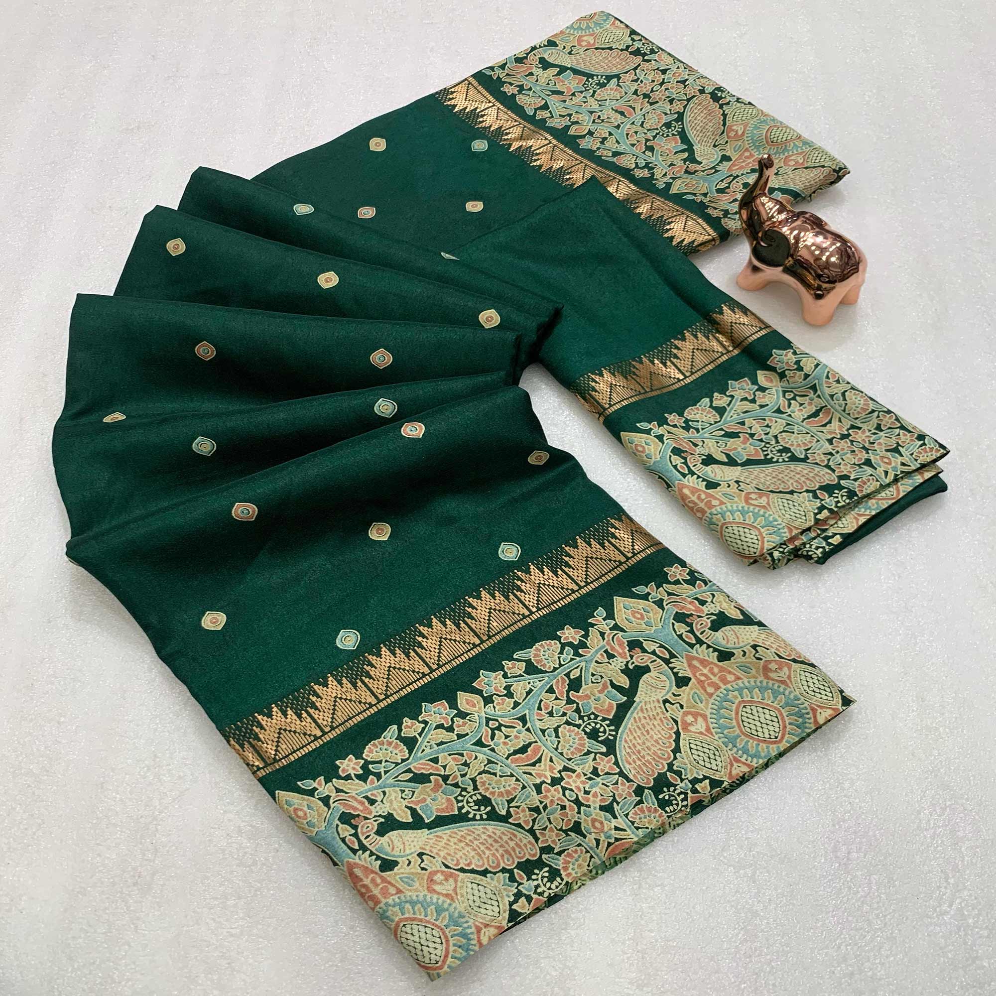 Green Cotton Silk Saree with Zari-Woven Border and Traditional Printed Charm