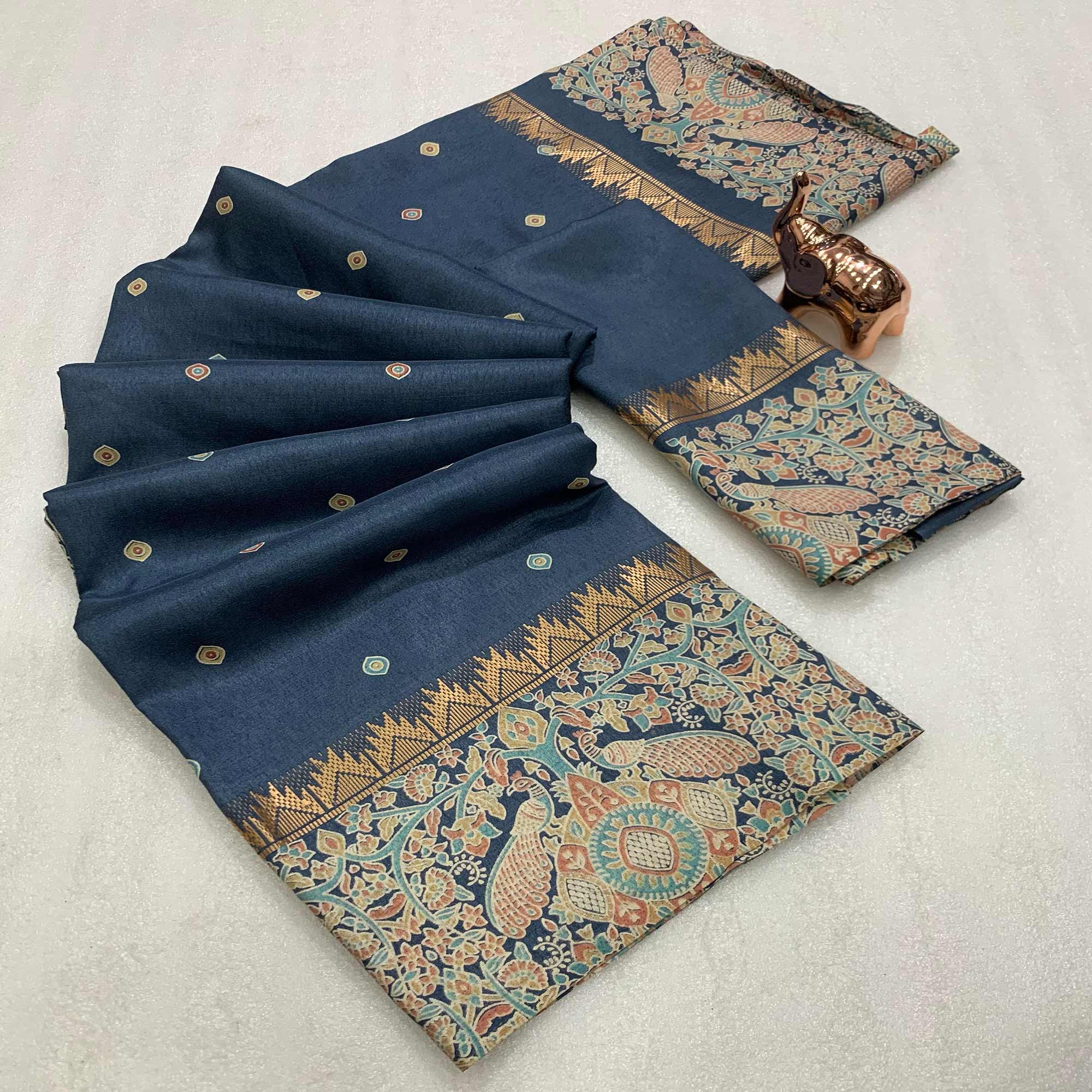 Grey Cotton Silk Saree with Zari-Woven Border and Subtle Printed Accents