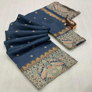 Grey Cotton Silk Saree with Zari-Woven Border and Subtle Printed Accents