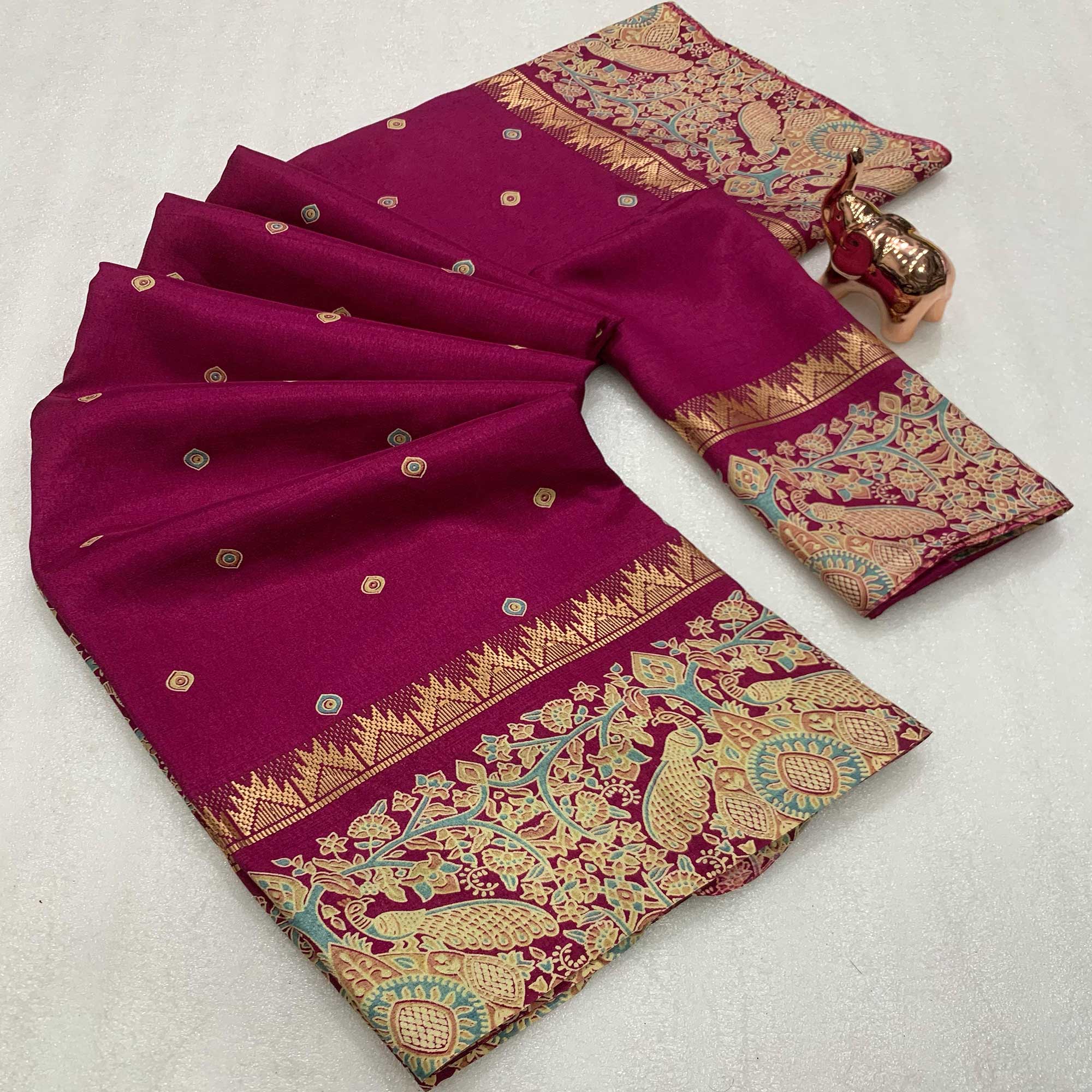 Magenta Cotton Silk Saree with Zari-Woven Border and Striking Printed Patterns