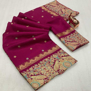 Magenta Cotton Silk Saree with Zari-Woven Border and Striking Printed Patterns