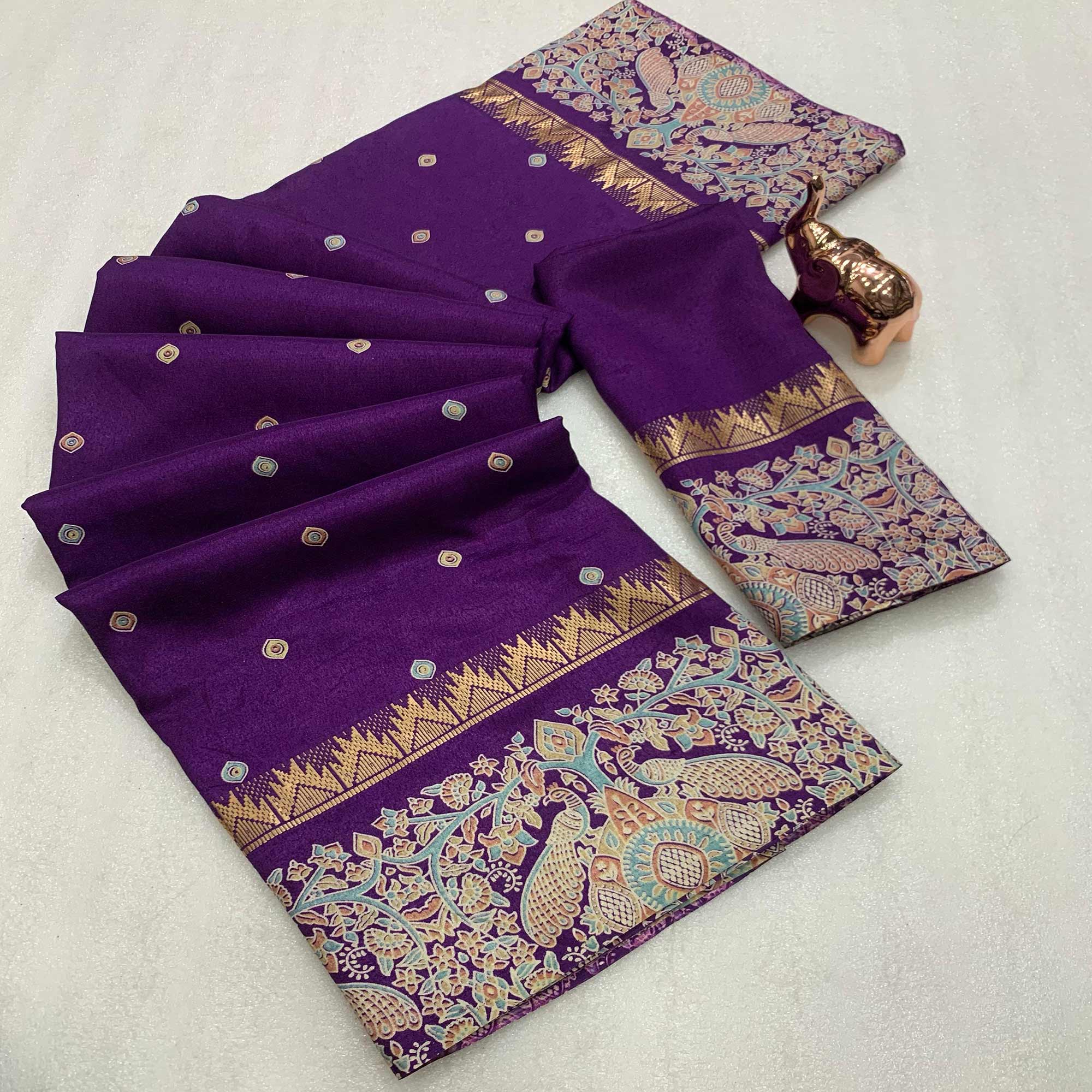 Purple Cotton Silk Saree with Zari-Woven Border and Intricate Patterns
