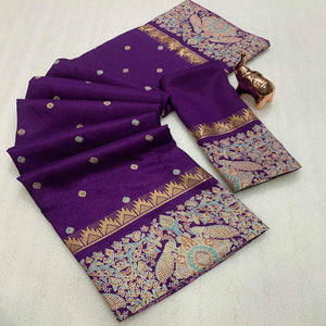 Purple Cotton Silk Saree with Zari-Woven Border and Intricate Patterns
