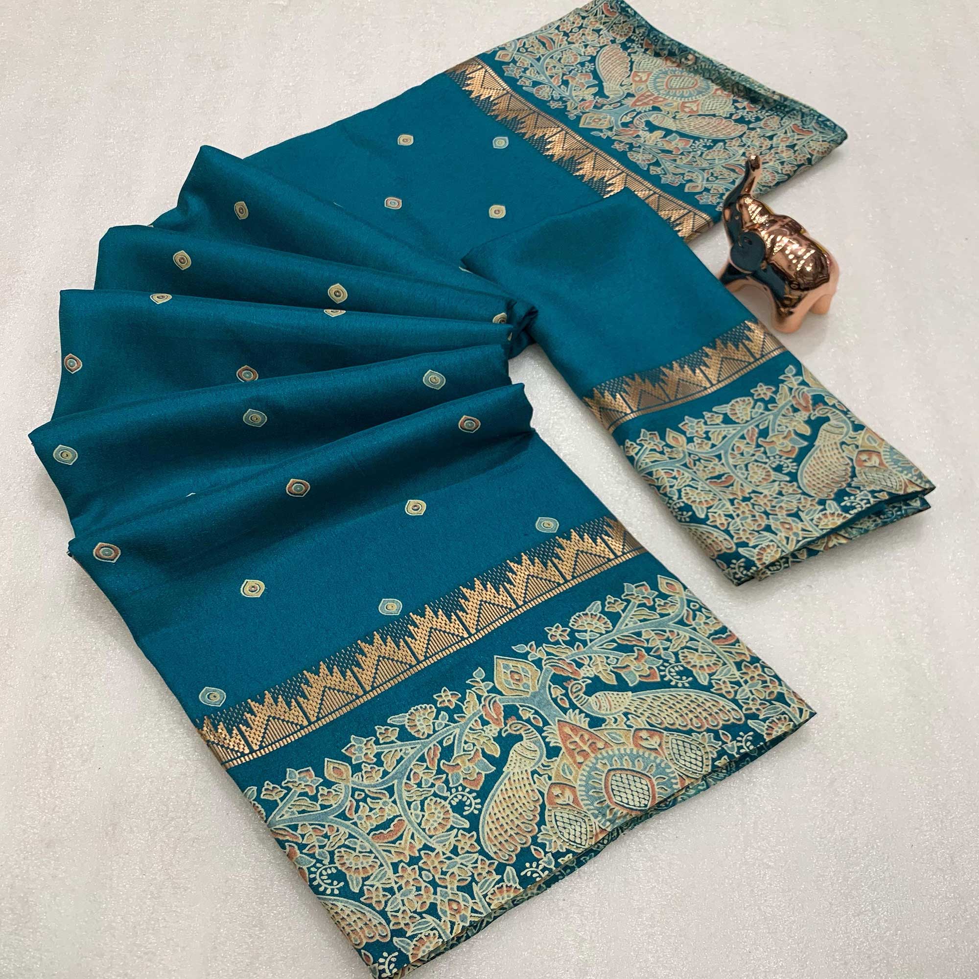 Teal Cotton Silk Saree with Zari-Woven Border and Artistic Printed Details