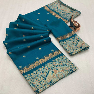 Teal Cotton Silk Saree with Zari-Woven Border and Artistic Printed Details