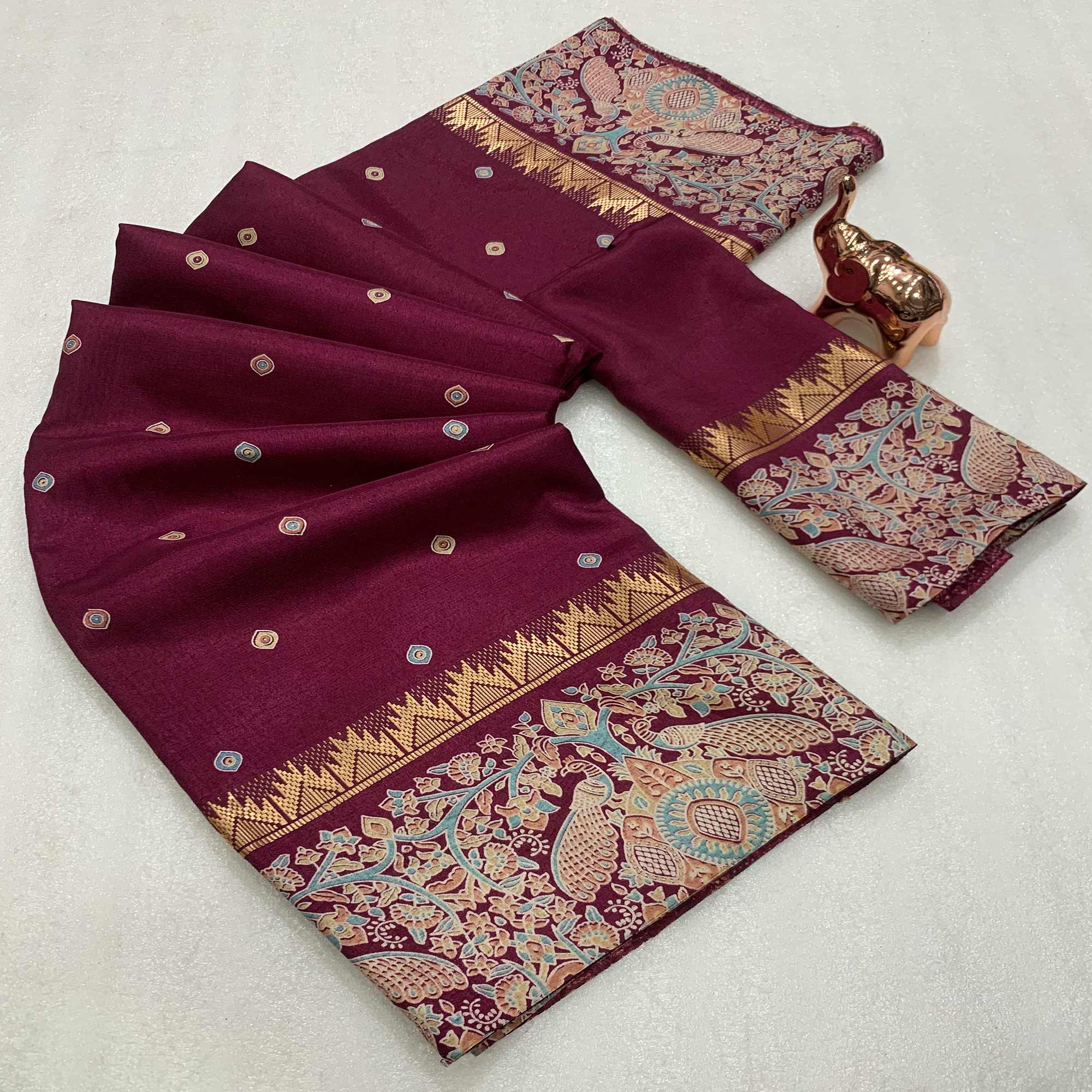 Wine Cotton Silk Saree with Zari-Woven Border and Rich Printed Elegance