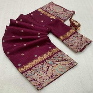 Wine Cotton Silk Saree with Zari-Woven Border and Rich Printed Elegance
