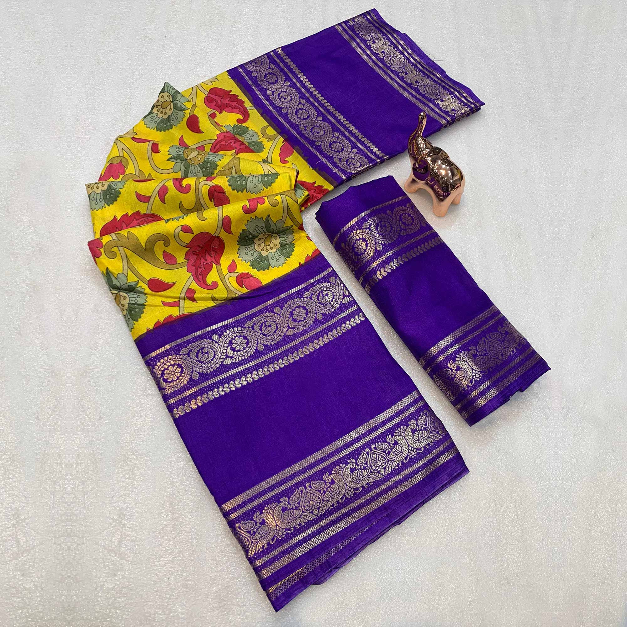 Mustard Saree In Dola Silk Featuring Floral Kalamkari Print & Rich Jacquard Border