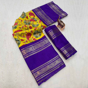 Mustard Saree In Dola Silk Featuring Floral Kalamkari Print & Rich Jacquard Border