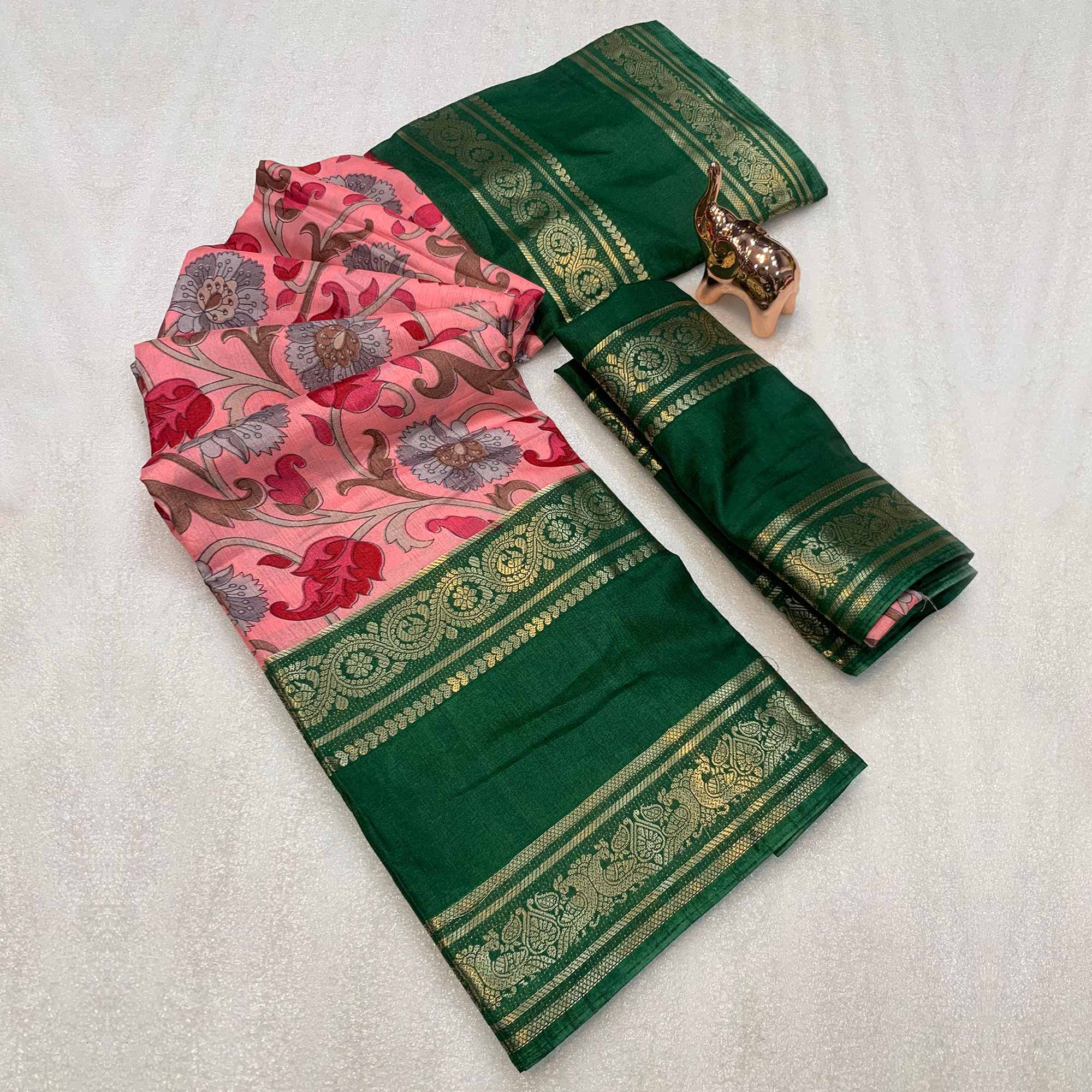 Peach Saree In Dola Silk Featuring Floral Kalamkari Print & Rich Jacquard Border