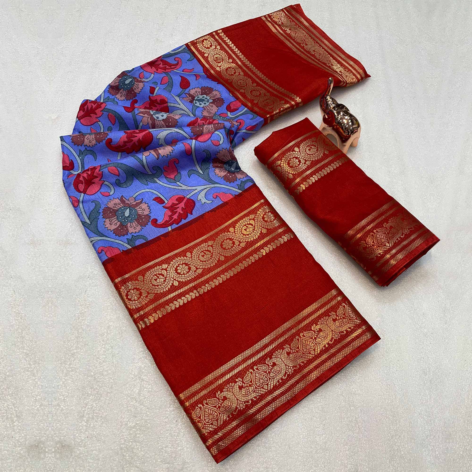 Periwinkle Blue Saree In Dola Silk Featuring Floral Kalamkari Print & Rich Jacquard Border