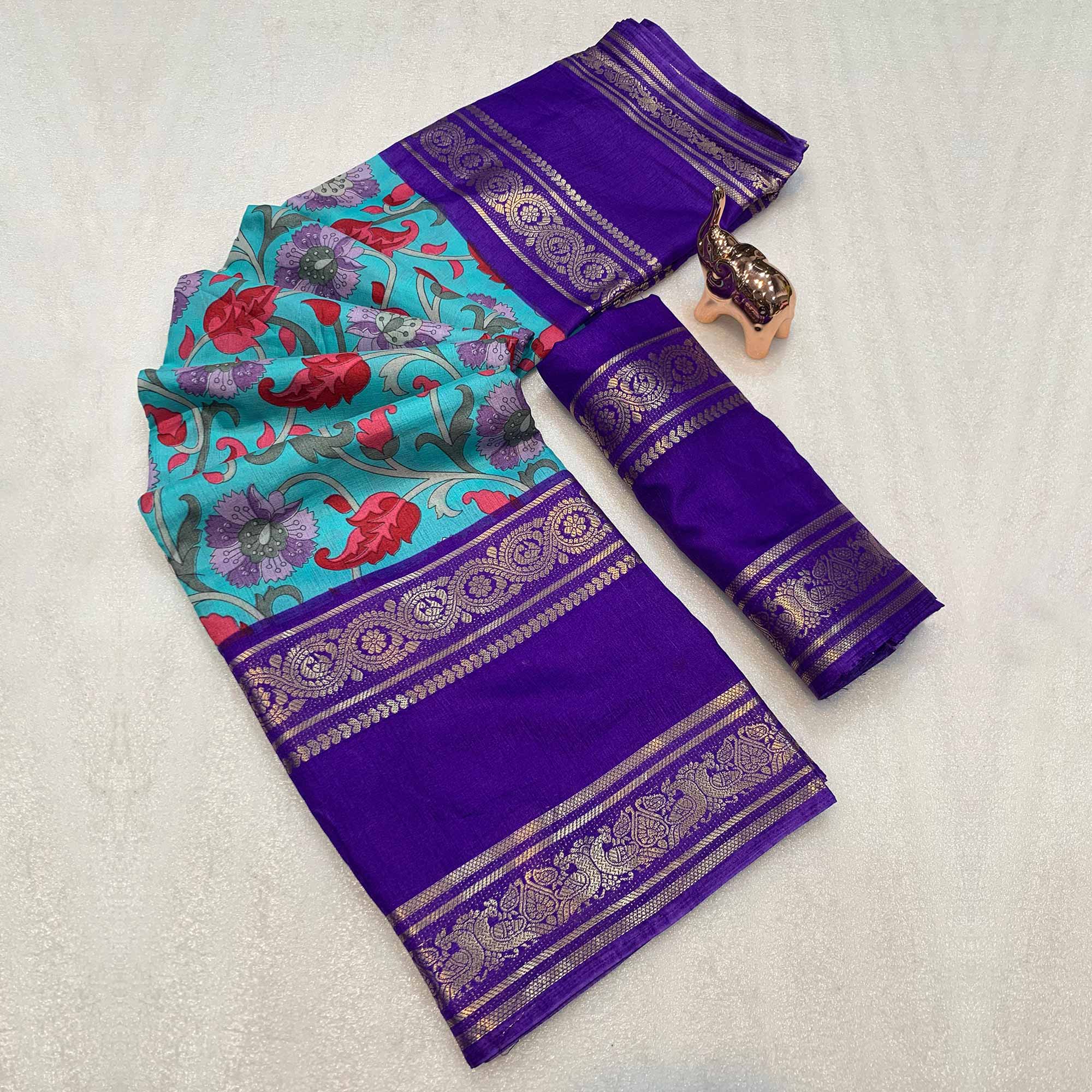 Turquoise Saree In Dola Silk Featuring Floral Kalamkari Print & Rich Jacquard Border