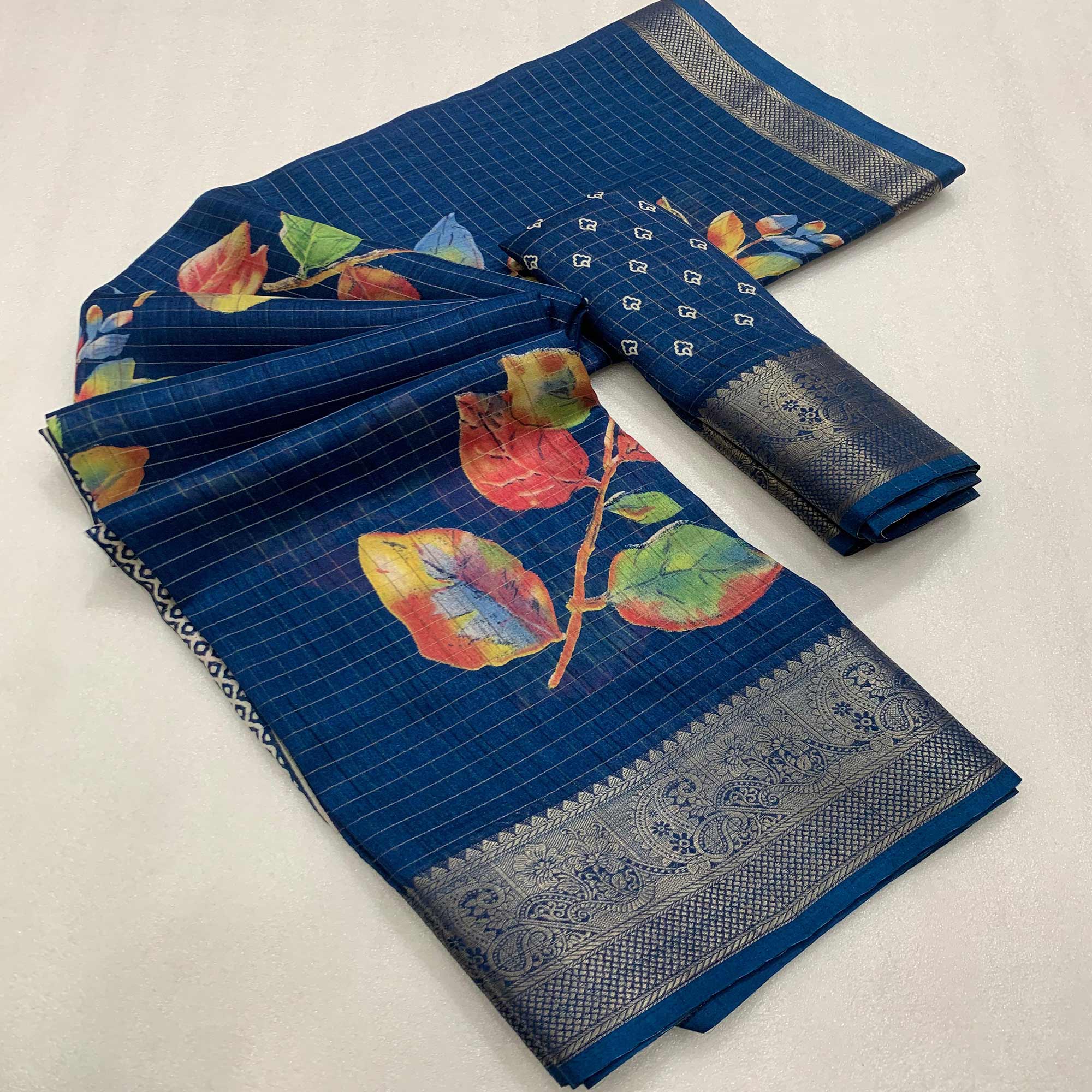 Blue Floral Printed With Woven Dola Silk Saree