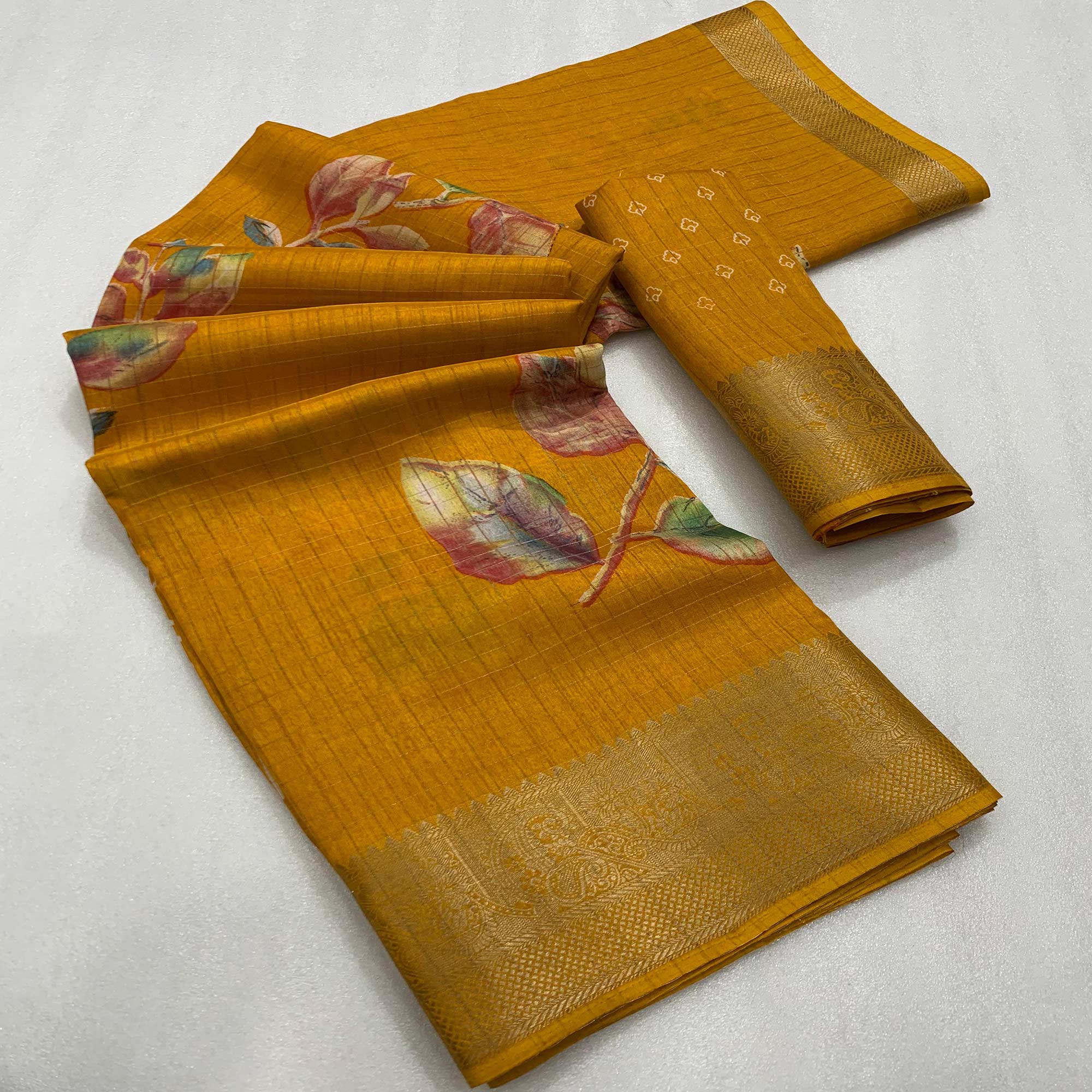 Mustard Floral Printed With Woven Dola Silk Saree