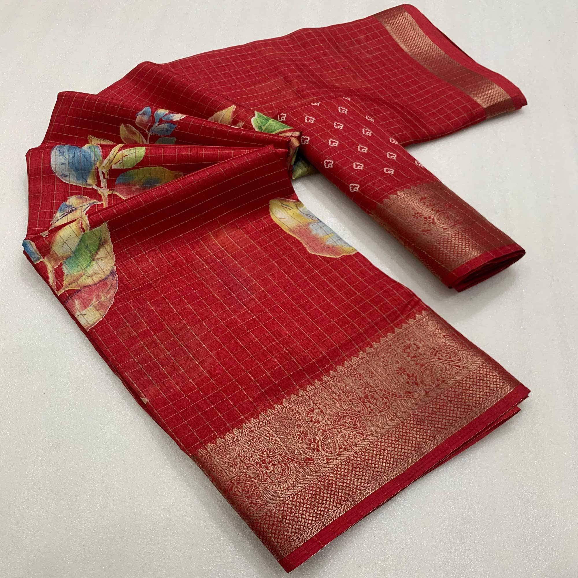 Red Floral Printed With Woven Dola Silk Saree