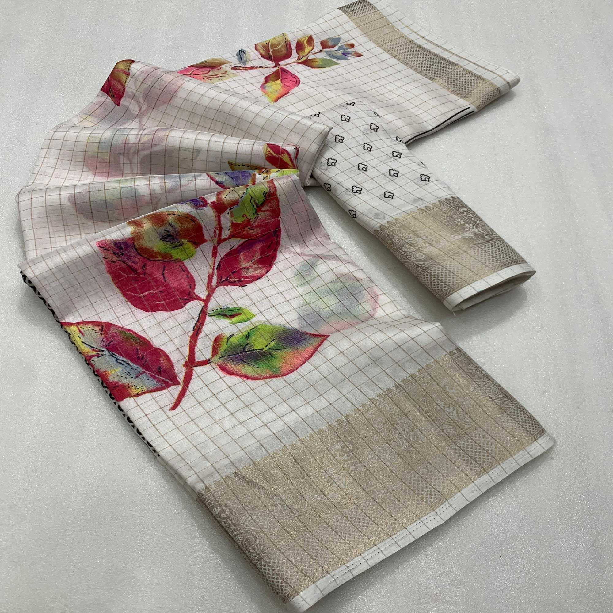 White Floral Printed With Woven Dola Silk Saree