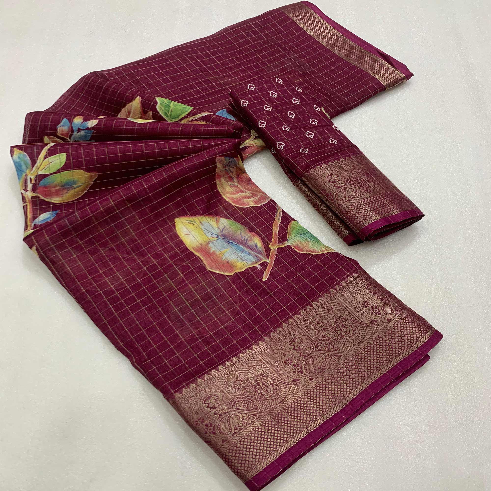 Wine Floral Printed With Woven Dola Silk Saree