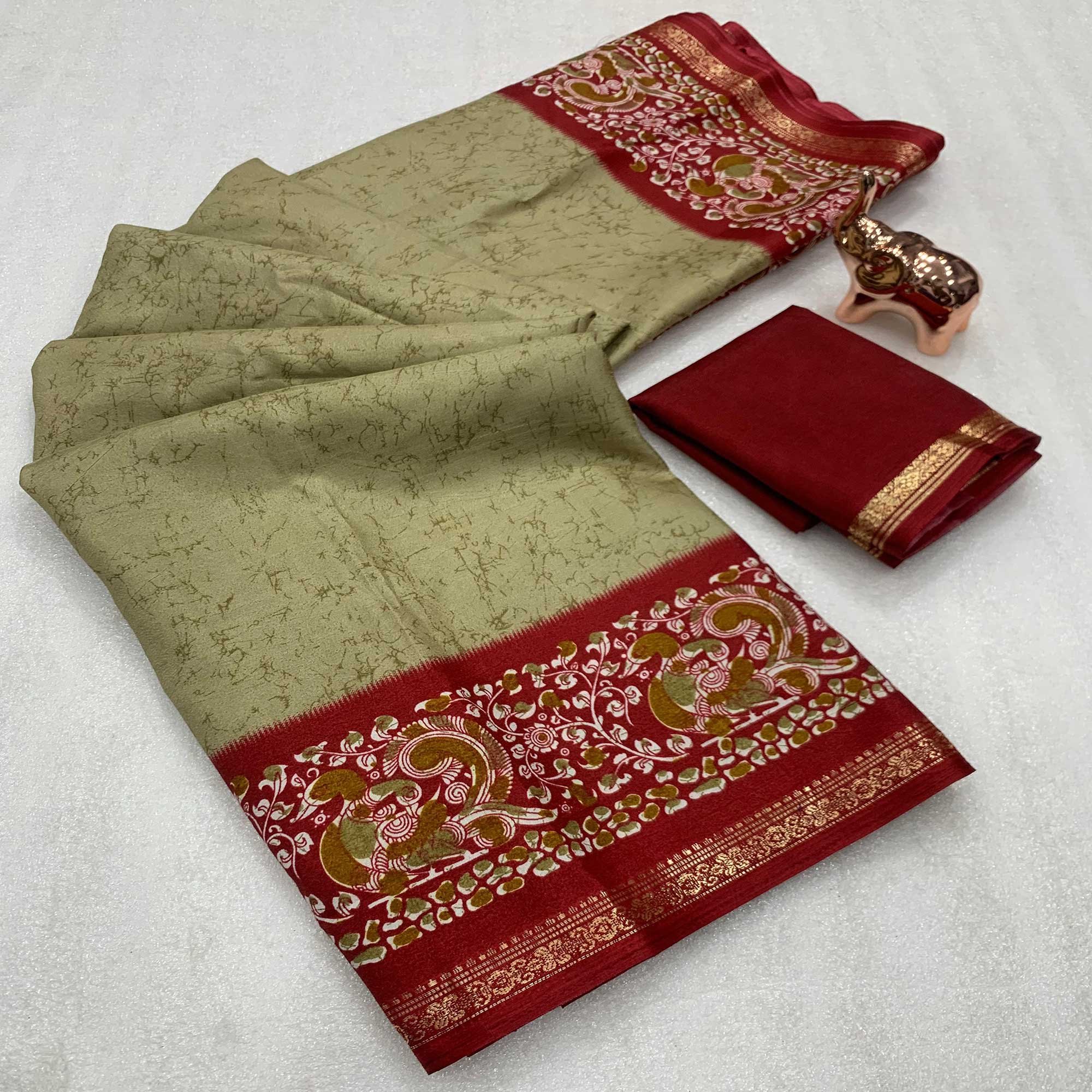 Beige Dola Silk Saree with Modern Abstract Designs and Kalamkari Pallu