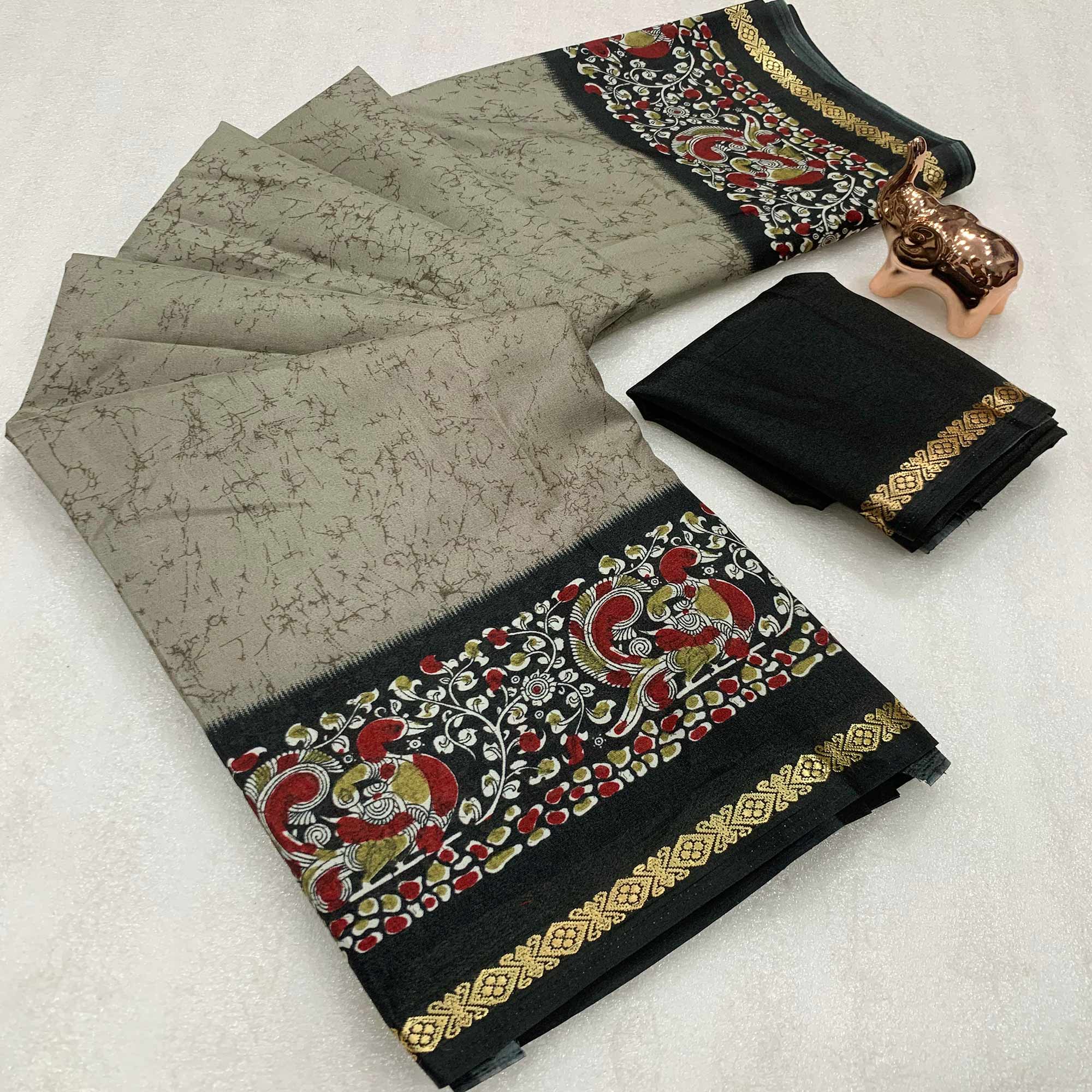 Grey Dola Silk Saree with Contemporary Abstract Motifs and Kalamkari Pallu