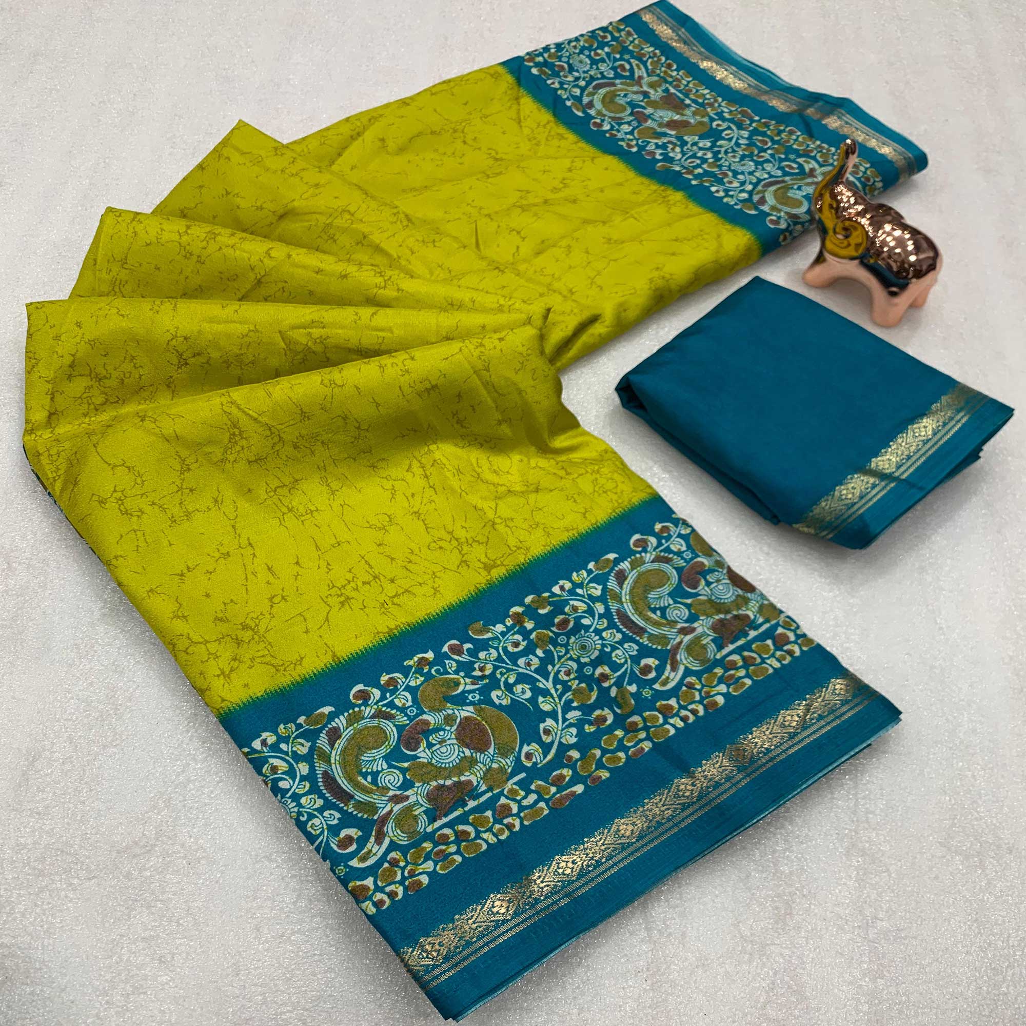 Lime Yellow Dola Silk Saree with Bold Abstract Designs and Kalamkari Pallu