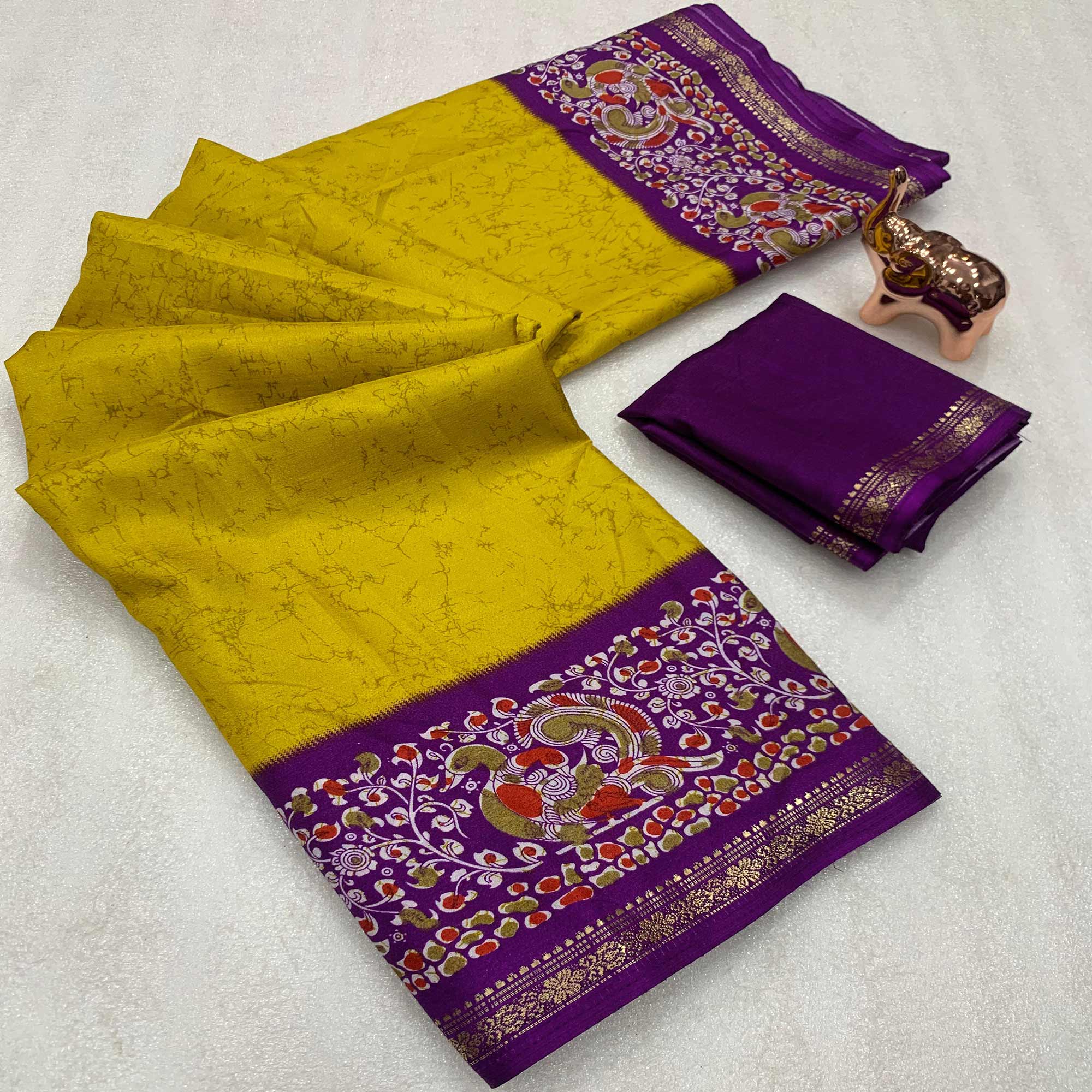 Mustard Yellow Dola Silk Saree with Vibrant Abstract Prints and Kalamkari Pallu