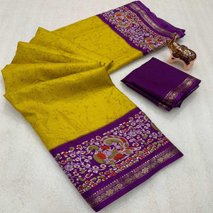 Mustard Yellow Dola Silk Saree with Vibrant Abstract Prints and Kalamkari Pallu