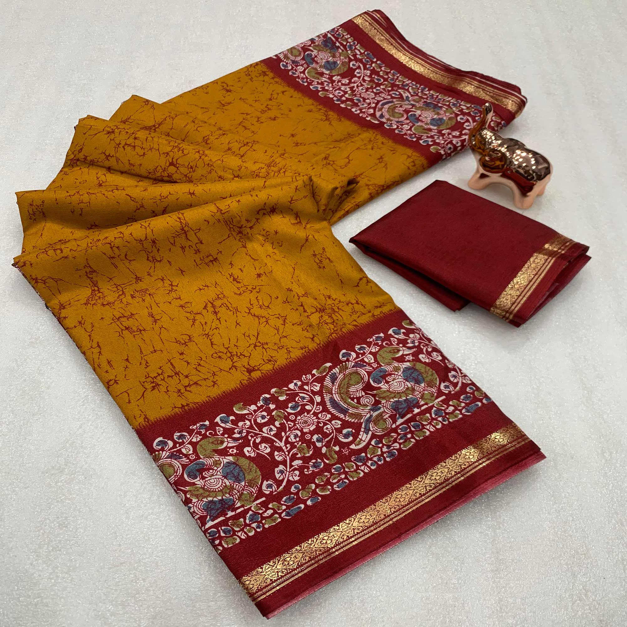 Mustard Dola Silk Saree with Abstract Prints and Traditional Kalamkari Pallu