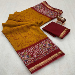 Mustard Dola Silk Saree with Abstract Prints and Traditional Kalamkari Pallu
