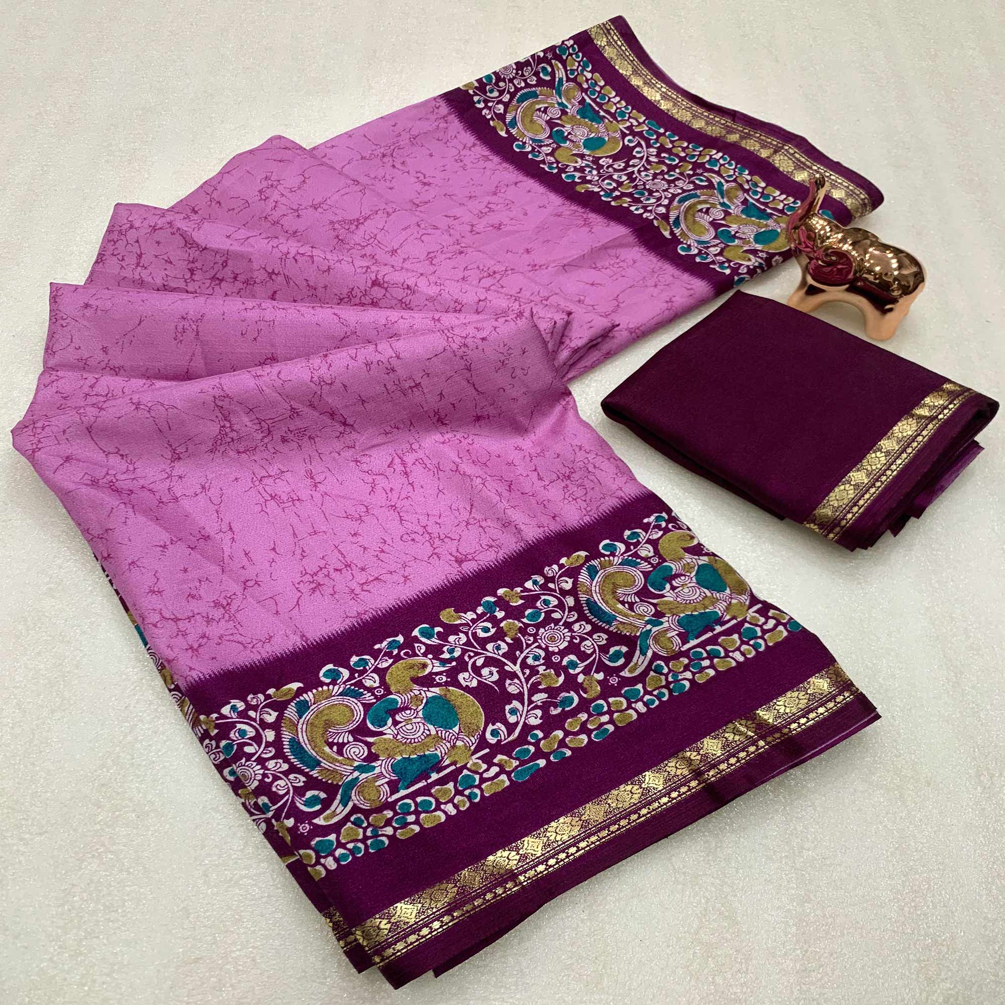 Pinkish Purple Dola Silk Saree with Striking Abstract Patterns and Kalamkari Pallu