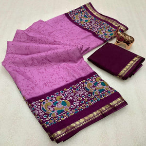 Pinkish Purple Dola Silk Saree with Striking Abstract Patterns and Kalamkari Pallu