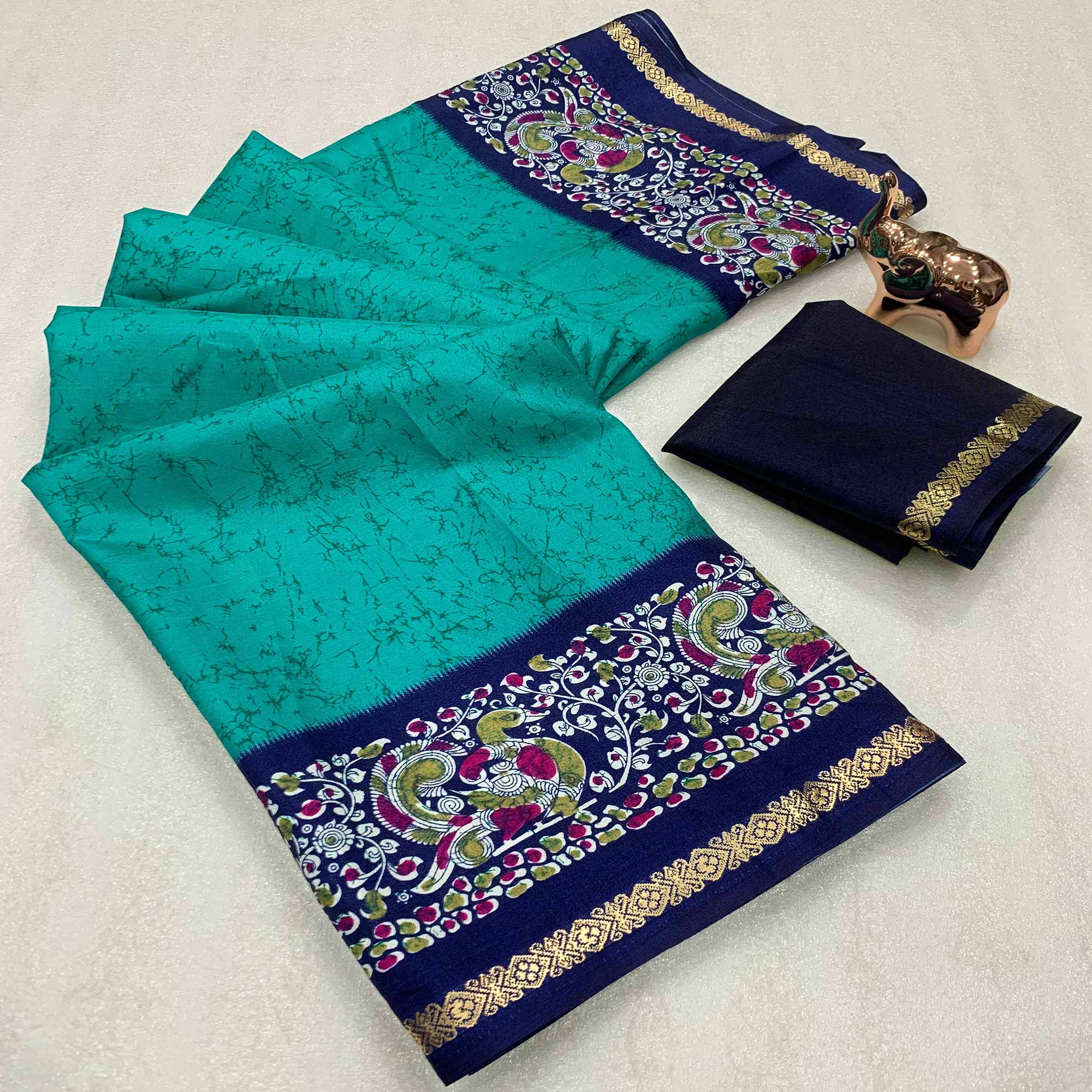 Turquoise Dola Silk Saree with Artistic Abstract Prints and Kalamkari Pallu