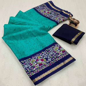 Turquoise Dola Silk Saree with Artistic Abstract Prints and Kalamkari Pallu