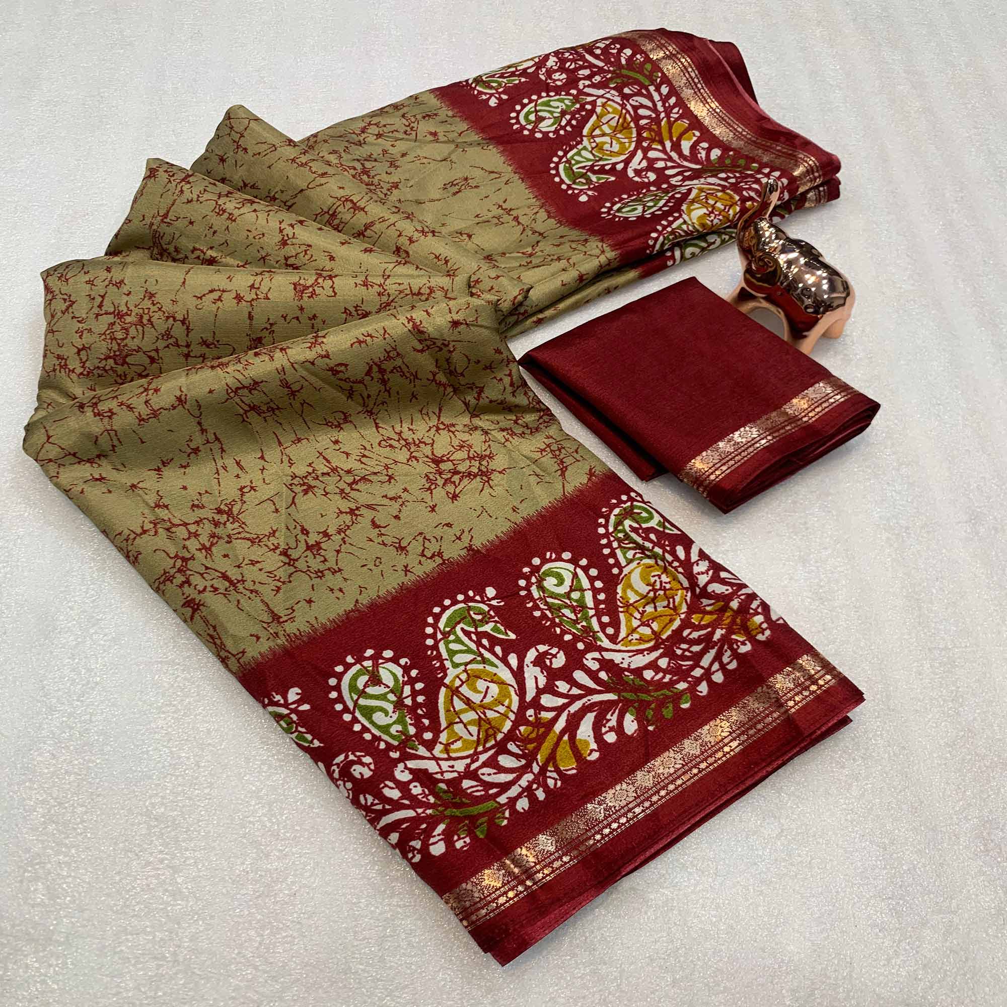 Chikoo & Maroon Abstract Printed Dola Silk Saree Enhanced With Kalamkari Art Pallu