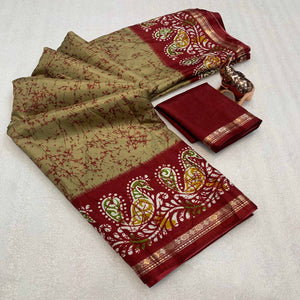 Chikoo & Maroon Abstract Printed Dola Silk Saree Enhanced With Kalamkari Art Pallu