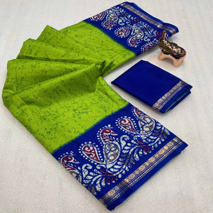 Green & Blue Abstract Printed Dola Silk Saree Enhanced With Kalamkari Art Pallu