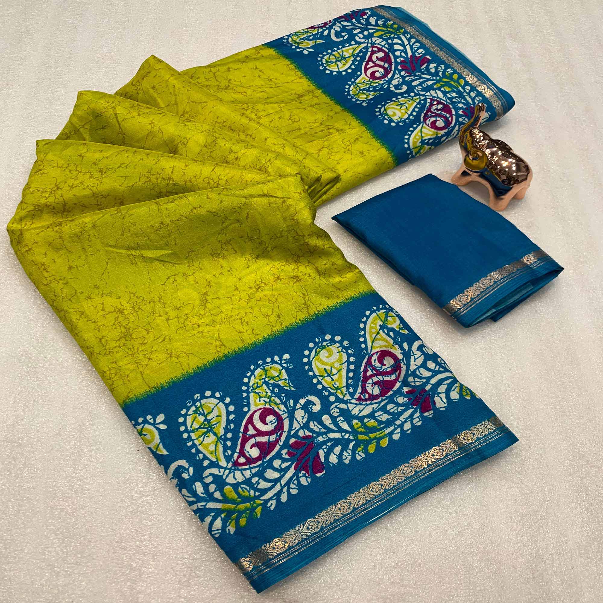 Lime Yellow & Blue Abstract Printed Dola Silk Saree Enhanced With Kalamkari Art Pallu